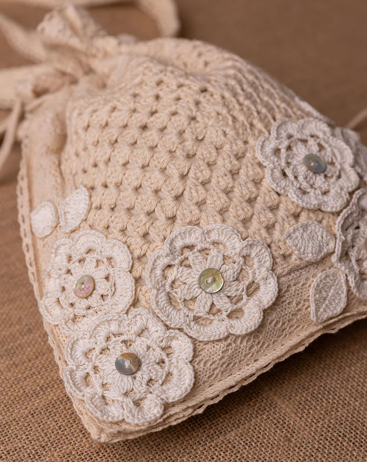 Dazzle drawstring crochet potli, handmade eco-friendly bag by The Mango House Trust