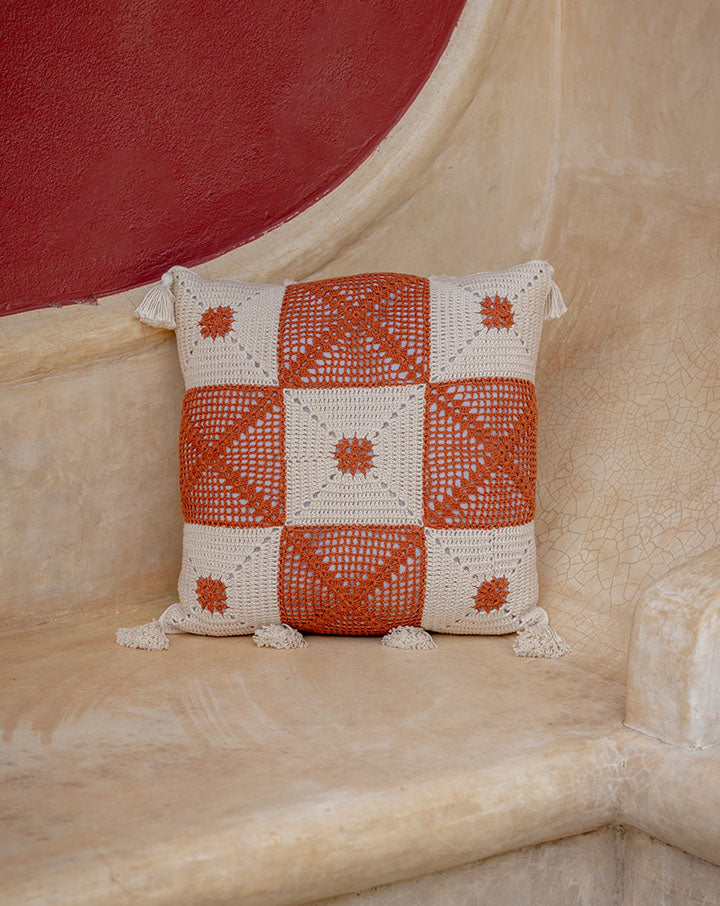 Earth crochet cushion cover, handmade eco-friendly home decor by The Mango House Trust