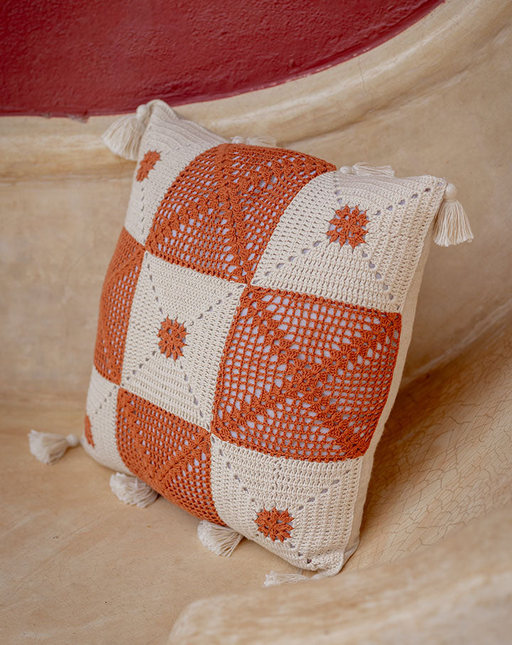 Earth crochet cushion cover, handmade eco-friendly home decor by The Mango House Trust