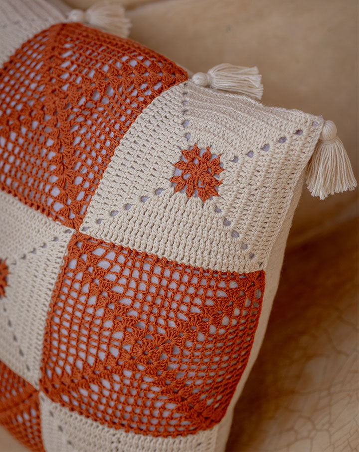 Earth crochet cushion cover, handmade eco-friendly home decor by The Mango House Trust