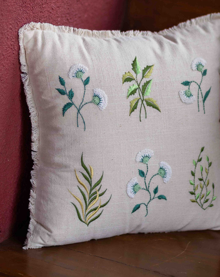 Evergreen crochet cushion cover, handcrafted sustainable home decor by The Mango House Trust