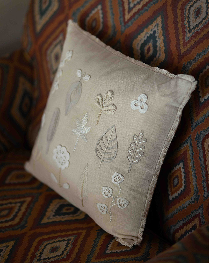 Forest crochet cushion cover, handcrafted earthy home decor by The Mango House Trust
