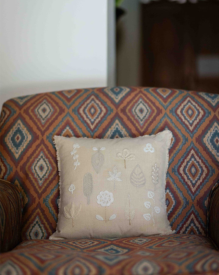 Forest crochet cushion cover, handcrafted earthy home decor by The Mango House Trust