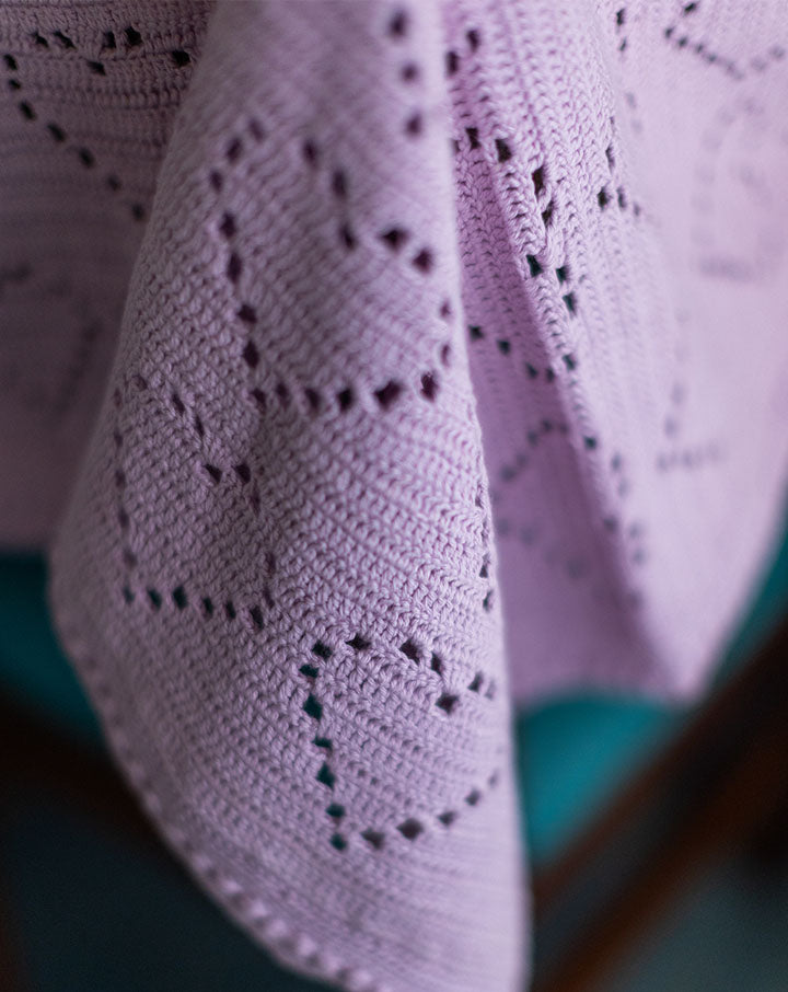 Lilac heart crochet kids blanket, handmade soft baby blanket by The Mango House Trust
