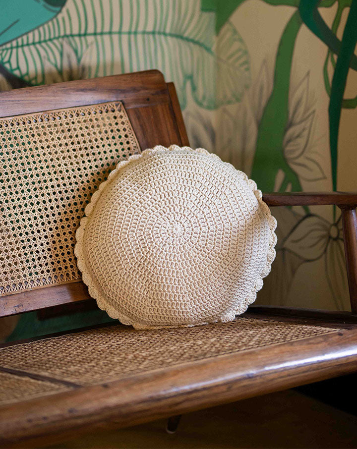Moonshine crochet cushion cover with scallop design, handmade by Mango House artisans